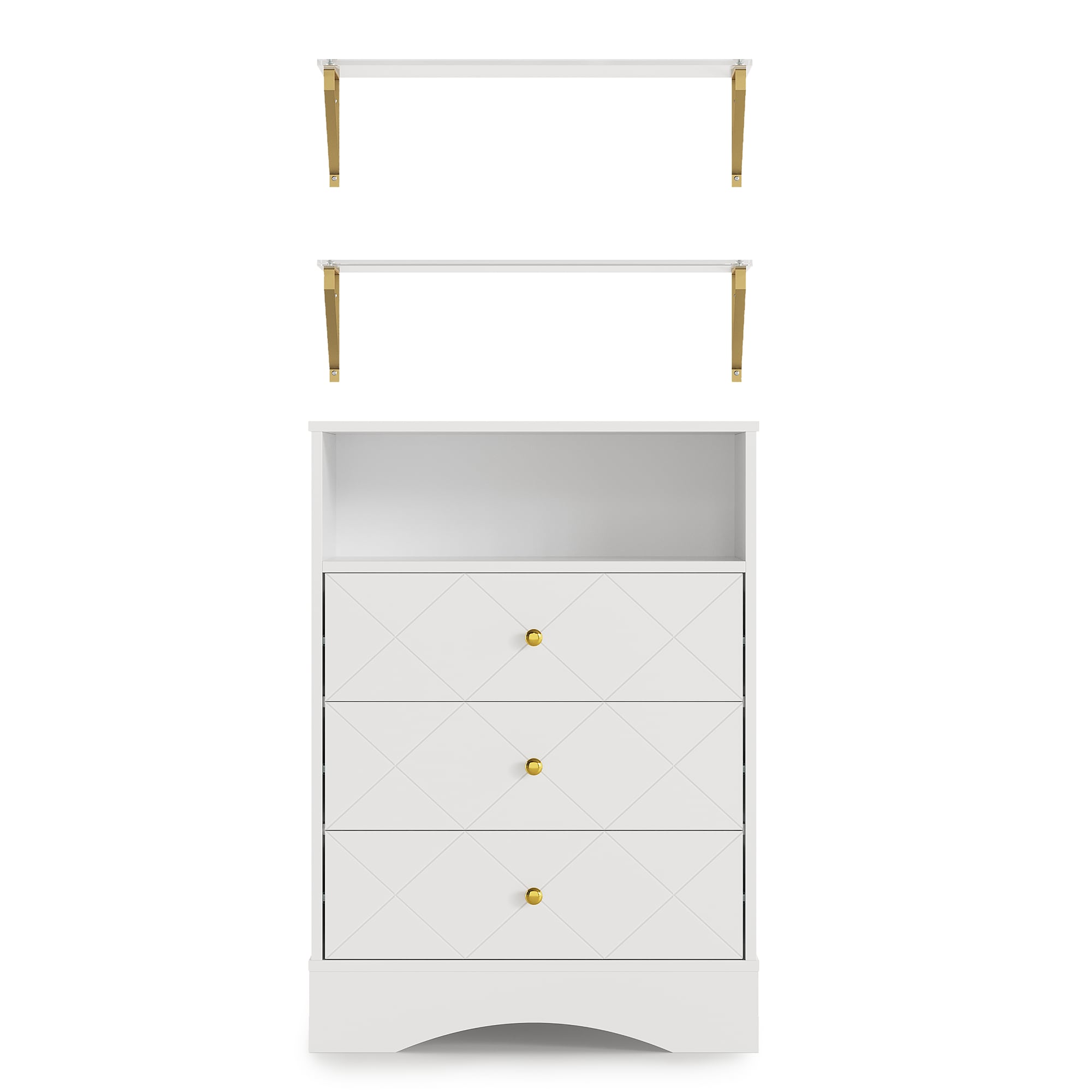 Dresser With Drawers & Floating Shelves, 3 Drawer Dresser With Open Storage & Painted Finish, Modern Storage Dresser For Toddler Room, Bedroom, Living Room, Closet, Hallway, White_maomaolike.com